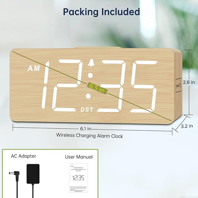 DreamSky Wooden Digital Alarm Clock with Wireless Charging for Bedroom