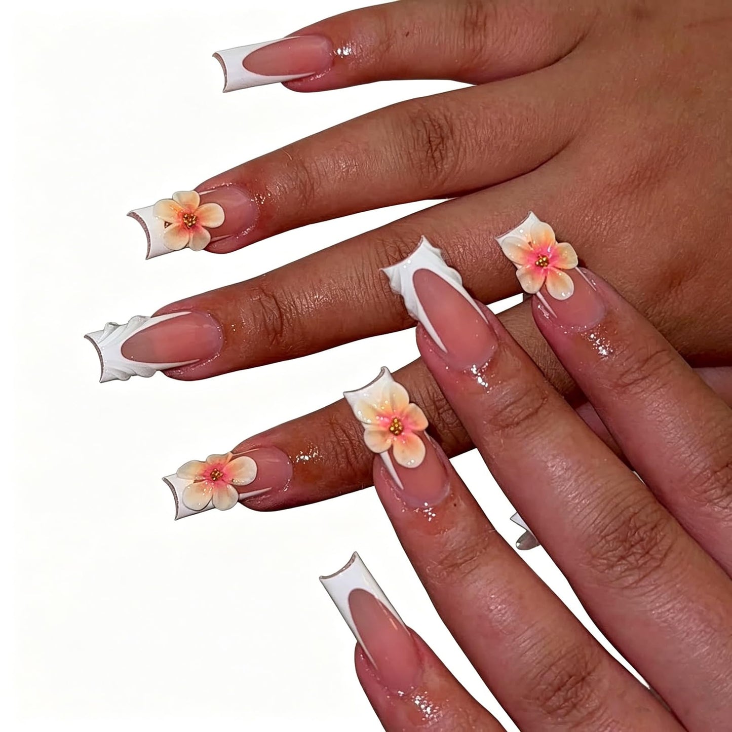 Exylixor Handmade Press on Nails Long Square - 3D Art Flower & White French Tip Fake Nails, Luxury Nude False Nails with Scalloped Wave Edge, 10 Pack for Women (Size M)