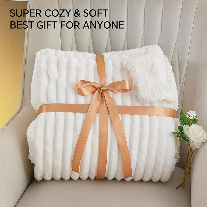 INFIIXSO Sherpa Throw Blanket for Couch - Super Soft & Warm Striped Fleece Blanket, Cozy Plush Fluffy Blanket All Season Use (Off White, 60x80 Inches)