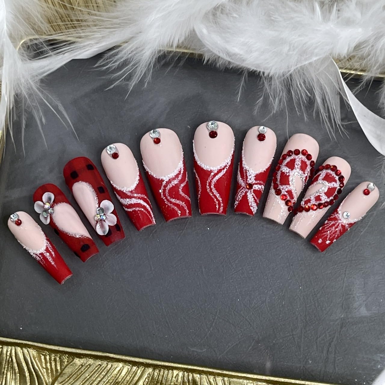 Christmas Press on Nail Handmade 3D Christmas with Rhinestones Fake Nails, False Tip For Women and Girls Full Cover - Haflona (Red Heart Xmas Size L 10PCs)