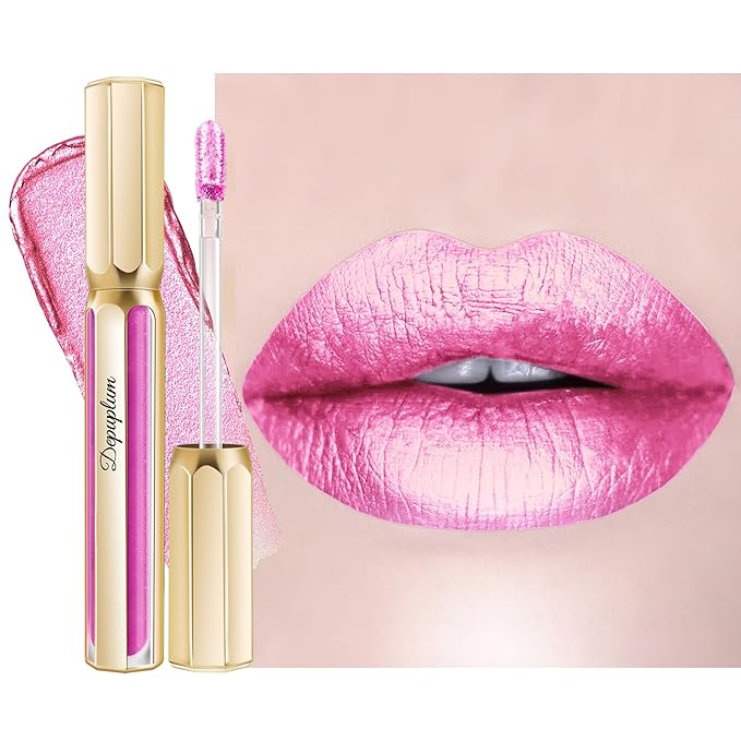 Pink Lipsticks for Women Metallic Lipstick Long Lasting Non Stick Cup Lip Gloss, Shimmer Lightweight Hydrating Full Coverage Lip Color, DP119 Princess