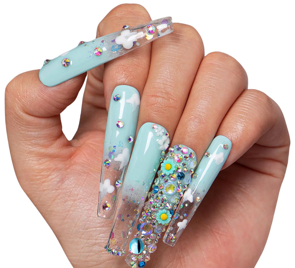 LOVFUL Reusable Press on Nails | Salon Quality Sustainable Style Handmade with Full Covered Crystals | Coffin Mid Length, Coffin Long | (Stellar Haze, S)