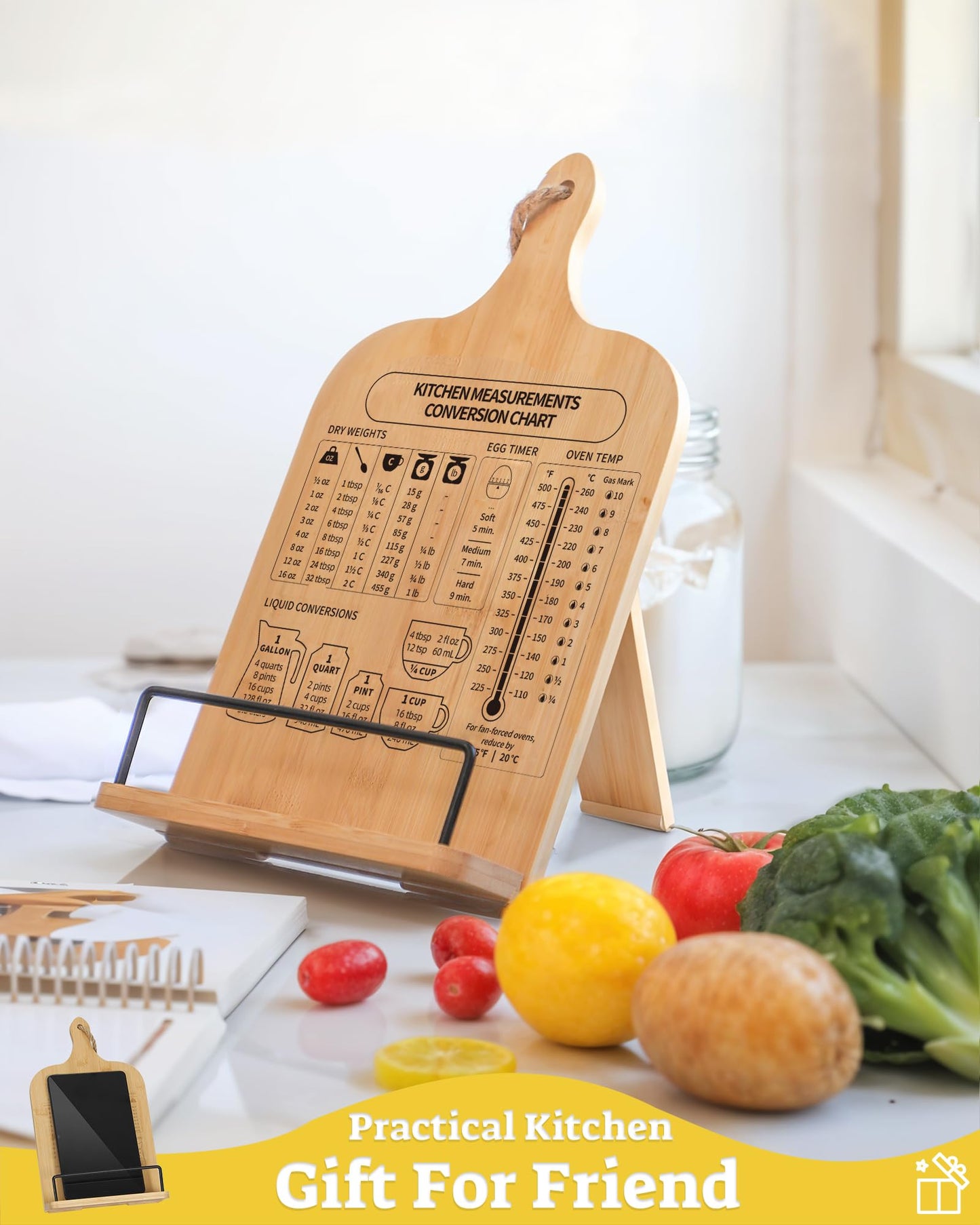 IKEDAS Bamboo Cookbook Stand, Sturdy Cook Book Holder, Recipe Book Holder with Measurement Conversion Chart, Cookbook Stand for Kitchen Counters, Essential Accessories for Holding Cookbooks