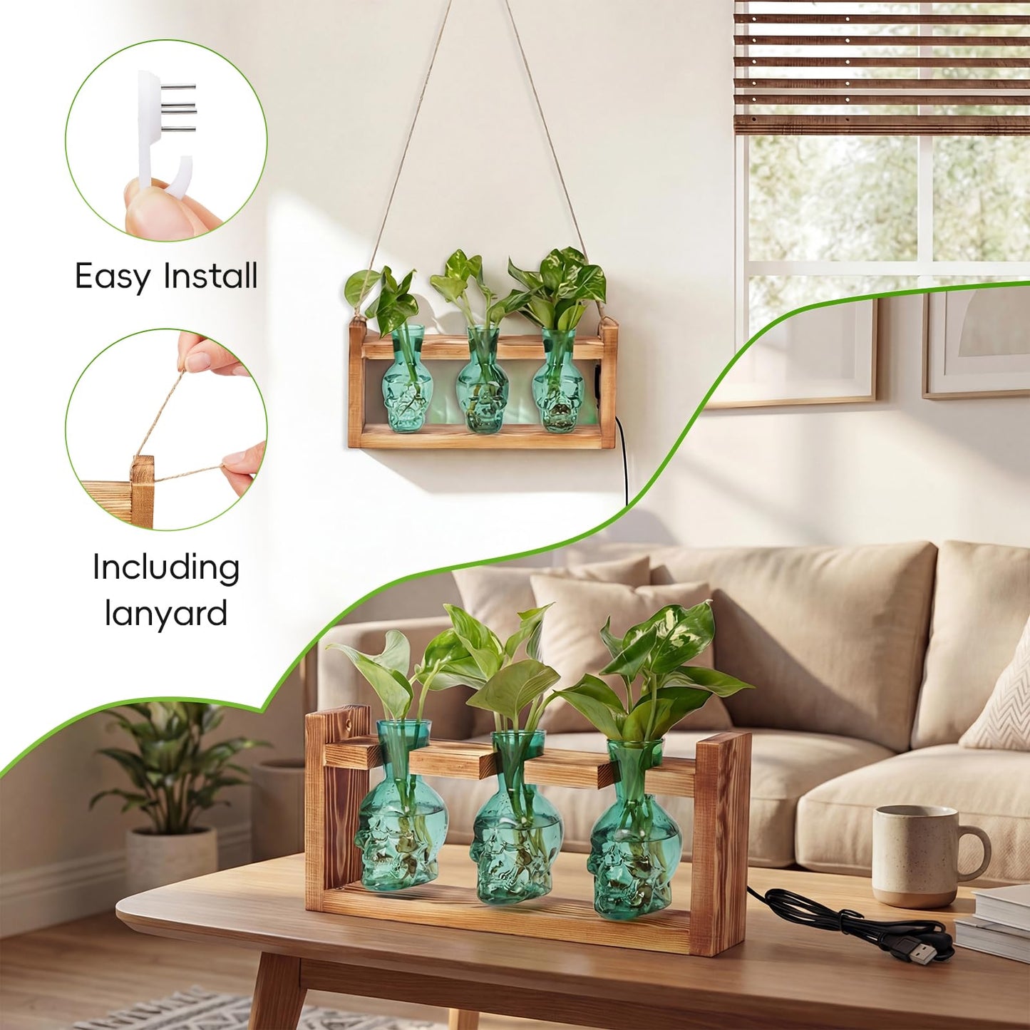 Skull Plant Propagation Station with LED Lights - Halloween Decor Skull Planter, Hydroponics Pot for Office, Unique Gifts for Women & Plant Lovers(Grey)