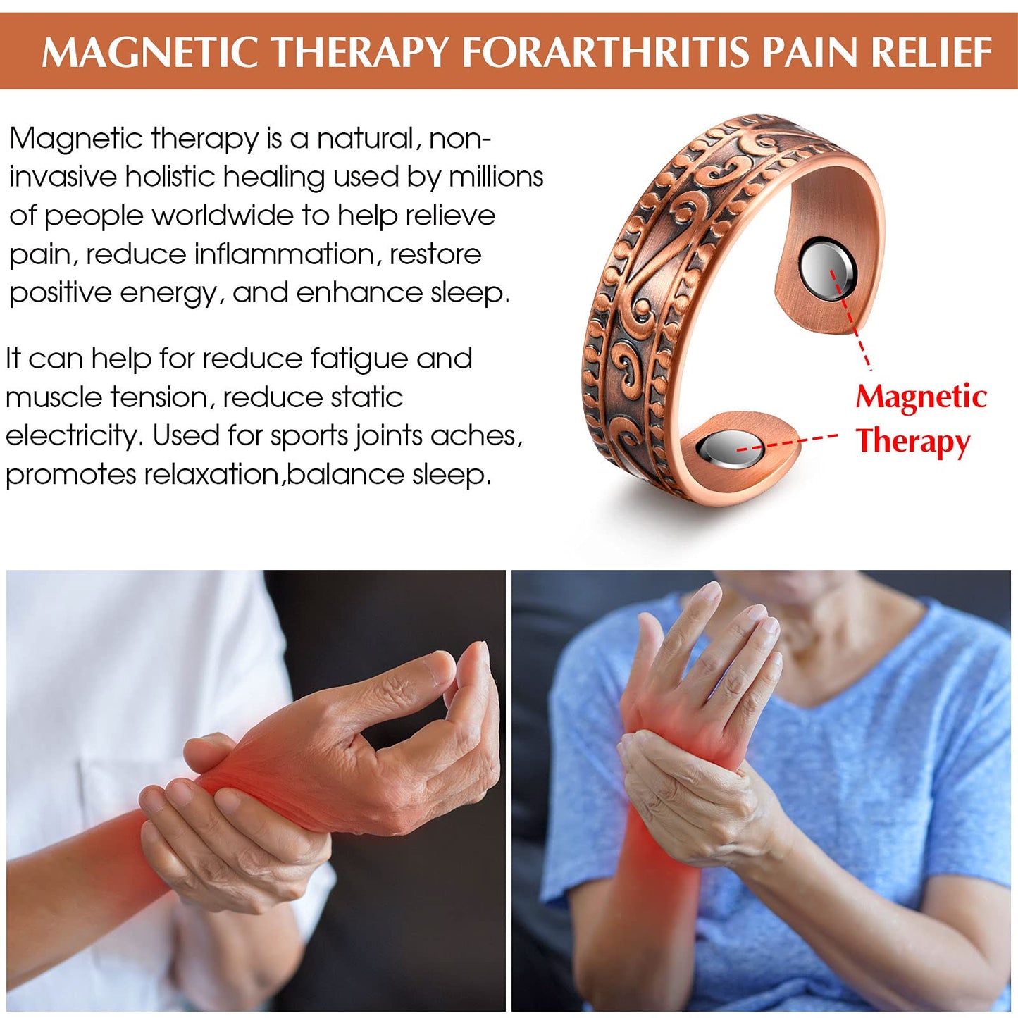 MTLEE 2 Pcs Magnetic Copper Rings for Women and Men - Adjustable Vintage Thumb Ring Jewelry for Fingers Pain Relief (Bronze)