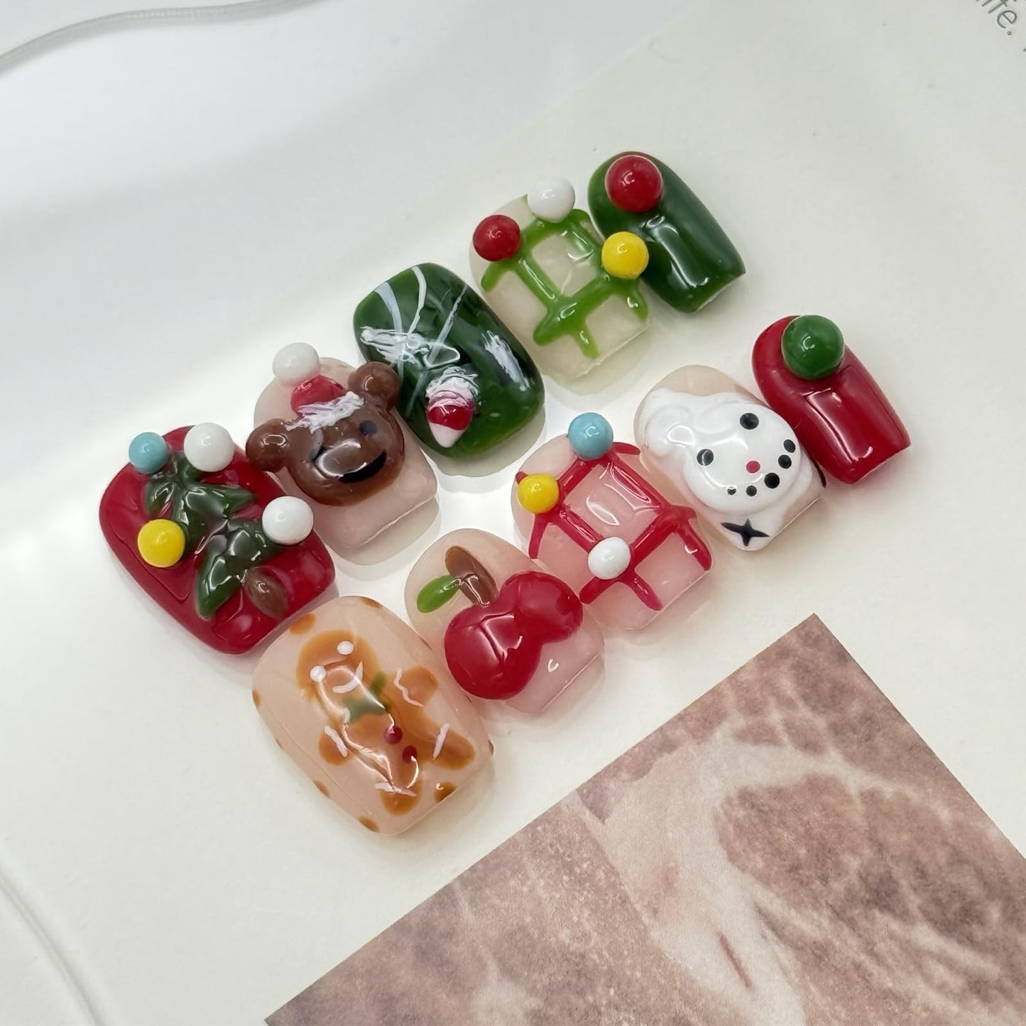 Christmas Short Square Press-On Nails, 3D Holiday Designs with Snowman and Bear, Festive Artificial Nails, for Women Girls Holiday