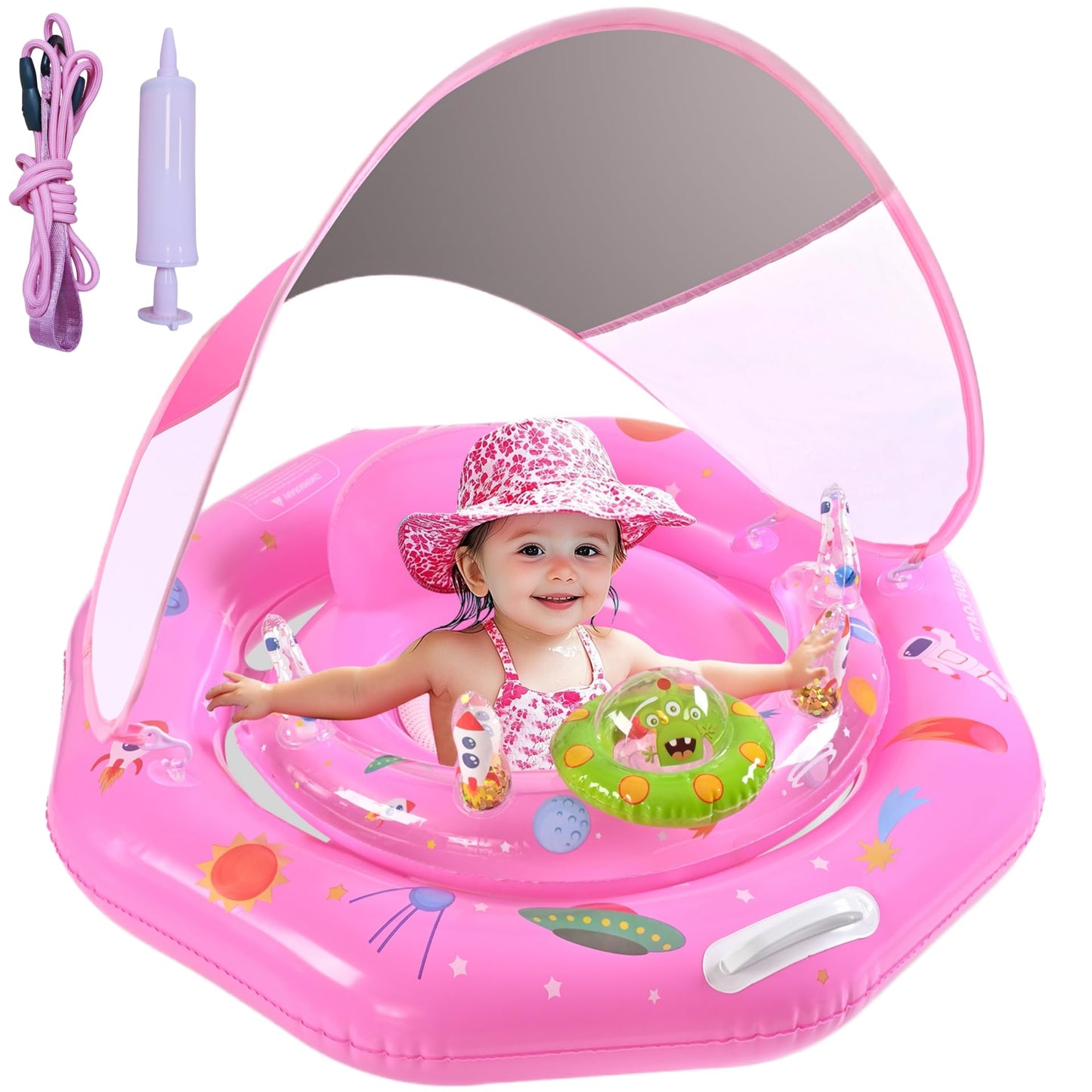 Baby Pool Float for 6-36 Months | Extra Wide Infant Pool Float with UPF50+ Canopy & Toy Play Console | Baby Floatie with Adjustable Safety Seat, Detachable Sunshade, Secure Handle & Safety Leash