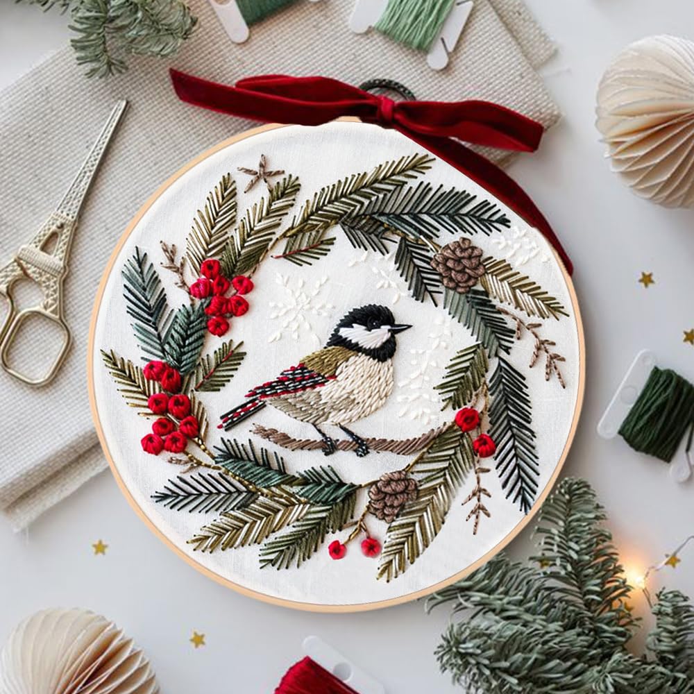 Huacan Embroidery Kits for Adults Beginner DIY Cross Stitch Stamped Christmas Pattern Stitching Wreath Sewing Kit 1 Piece 7.8 x 7.8 Inch