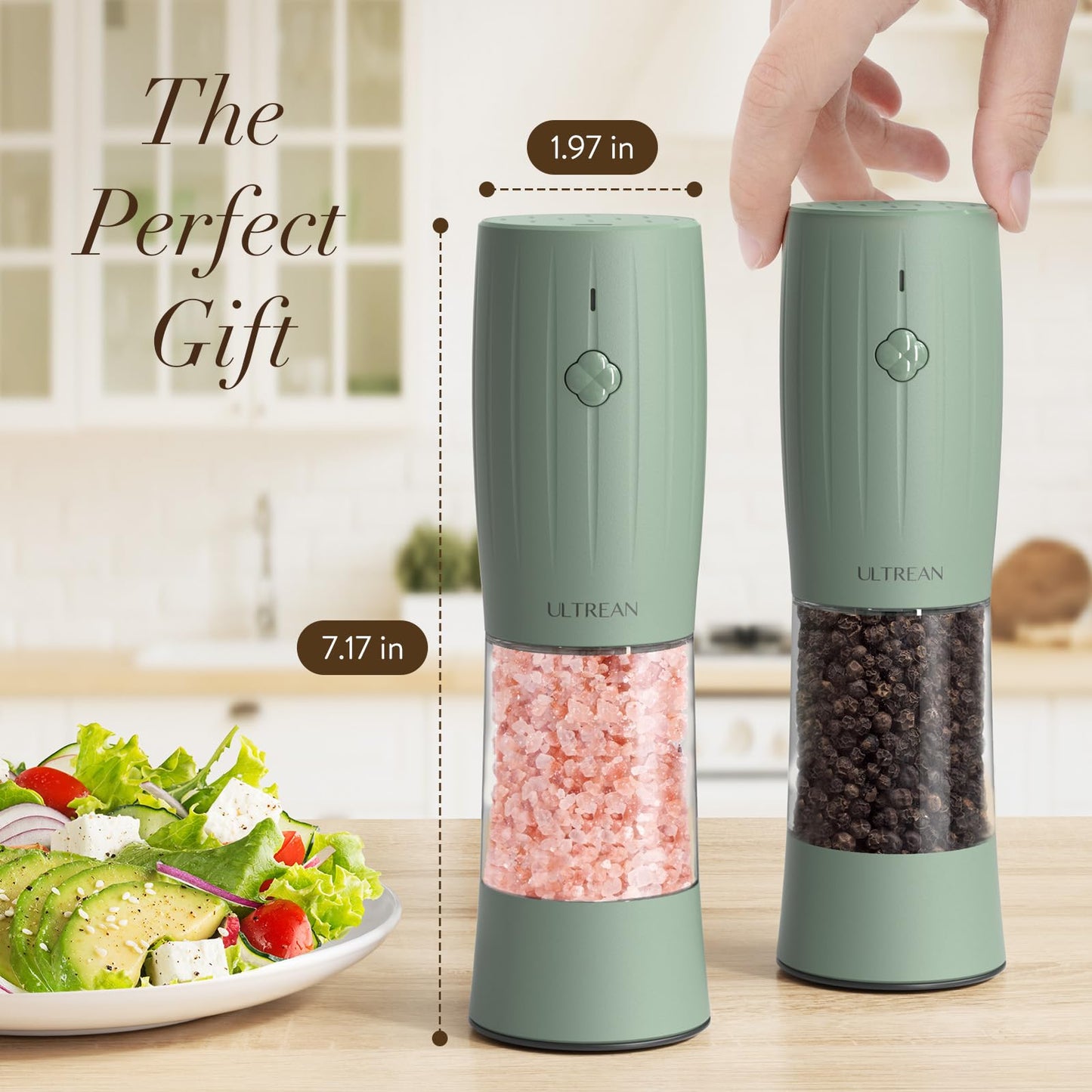 Ultrean Pepper Grinder, Electric Salt and Pepper Grinder Set with USB-C Rechargeable, Spice Mill, 6 Adjustable Coarseness, LED Light, Larger Capacity, Gift for Women Mom, Green