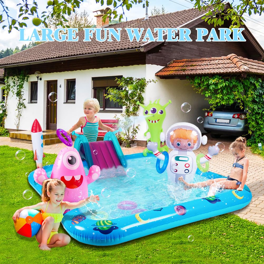 Inflatable Play Center Pool with Slide, Space Astronaut Square Kiddie Pool, 94.5" Square Outdoor Water Play Center with Sprinkler & Ring Toss for Summer Outdoor, Garden/Backyard Fun