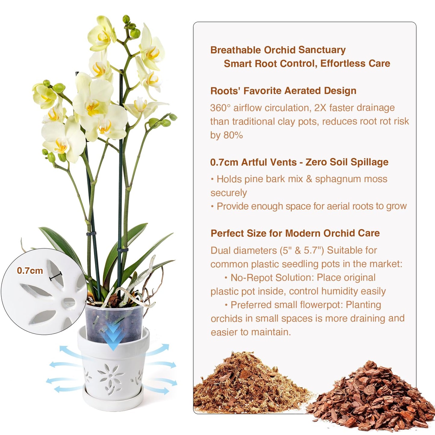 STHIE Small Orchid Pots with Holes 5 Inch & 6 Inch, Ceramic Orchid Pots for Repotting, 2 Pack Breathable Slotted Orchids Planter, White Flower