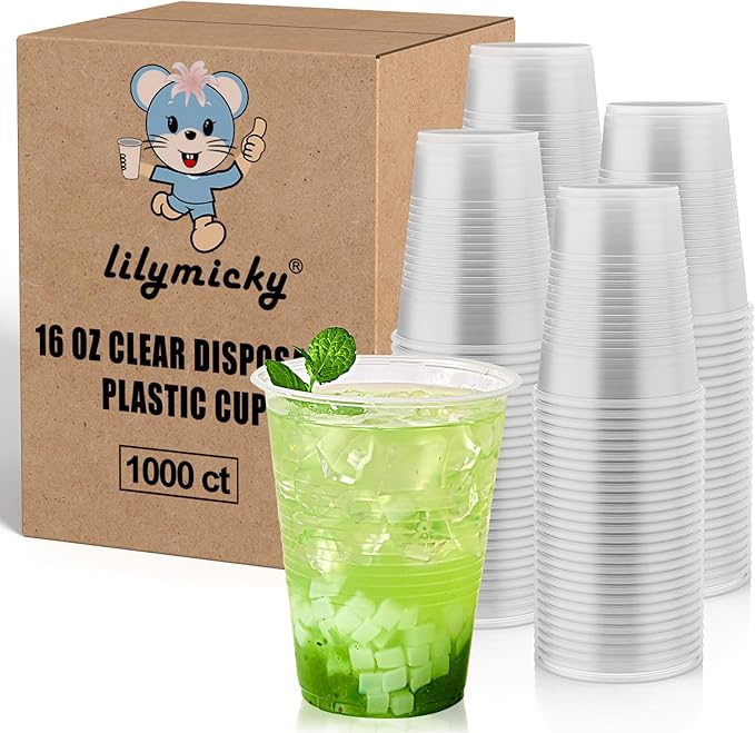 Lilymicky 1000 PACK 16 oz Clear Plastic Cups, Cold Disposable Party Drinking Cups for Parties, Picnic, BBQ & Events