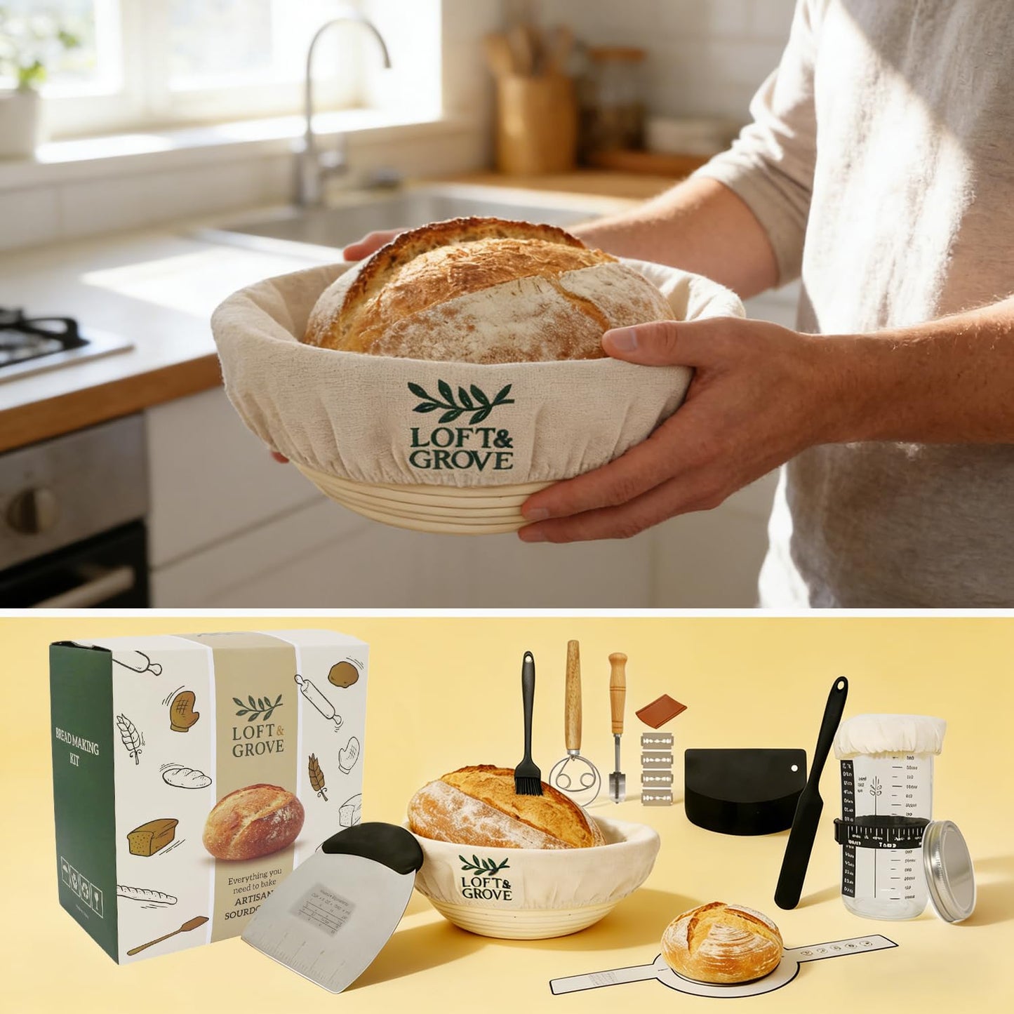 Loft & Grove Sourdough Starter Kit – Complete Bread Baking Kit with 9” Banneton Proofing Basket, 34oz Starter Jar with Feeding Tracker, Dough Whisk, Bread Lame – Beginner Sourdough Baking Supplies