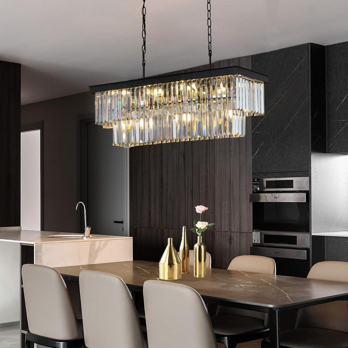 Crystal Chandeliers for Dining Room 11-Light Black Modern Chandelier Rectangle Contemporary Pendant Light Fixture for Kitchen Island Bar L33.5 Inch