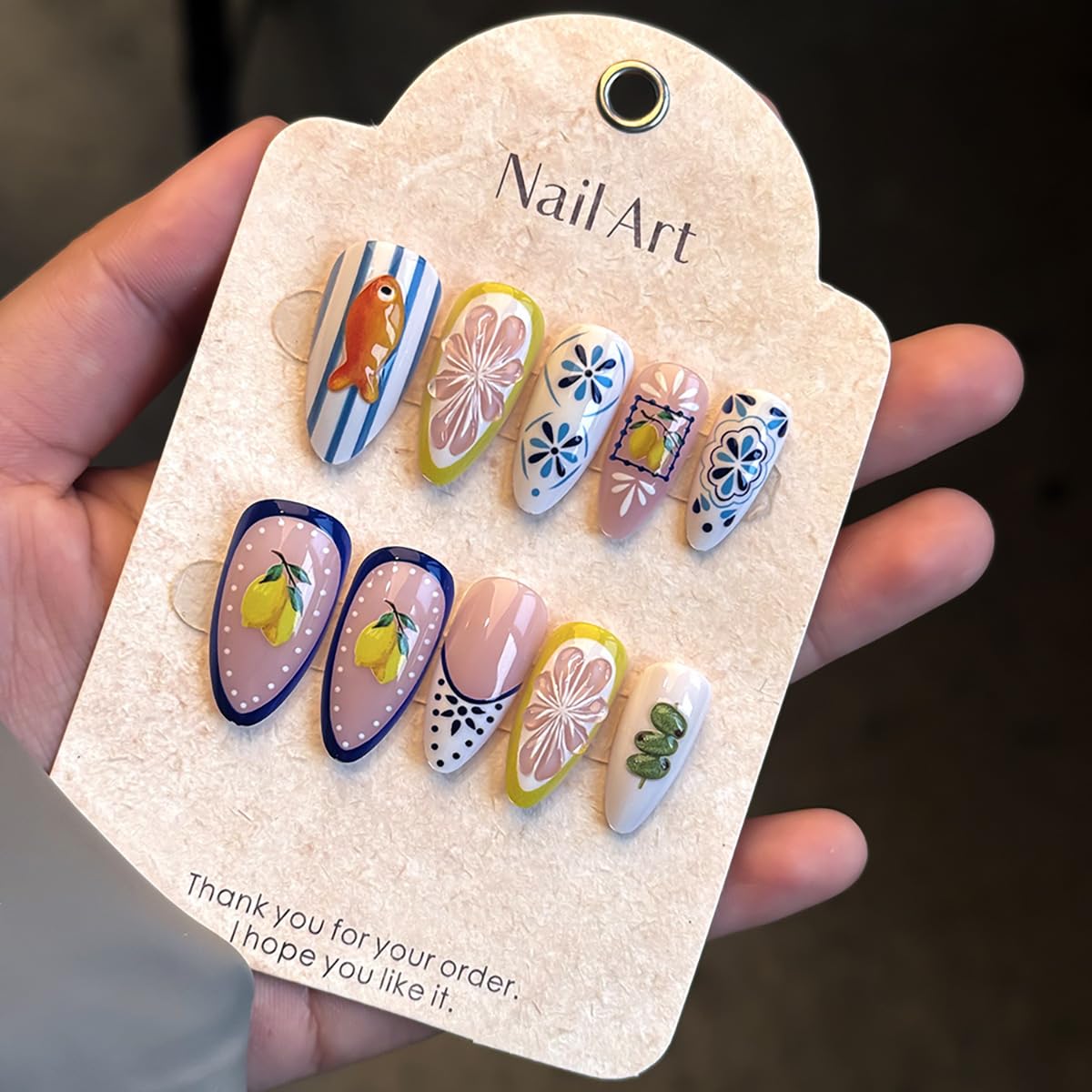 24Pcs Summer Press on Nails Medium Almond Fake Nails Bohemia French Tip Press Ons Design 3D Cute Fish Lemon False Nails Summer Fruit Full Cover Glue on Nails Cute Stick on Nails for Women Acrylic