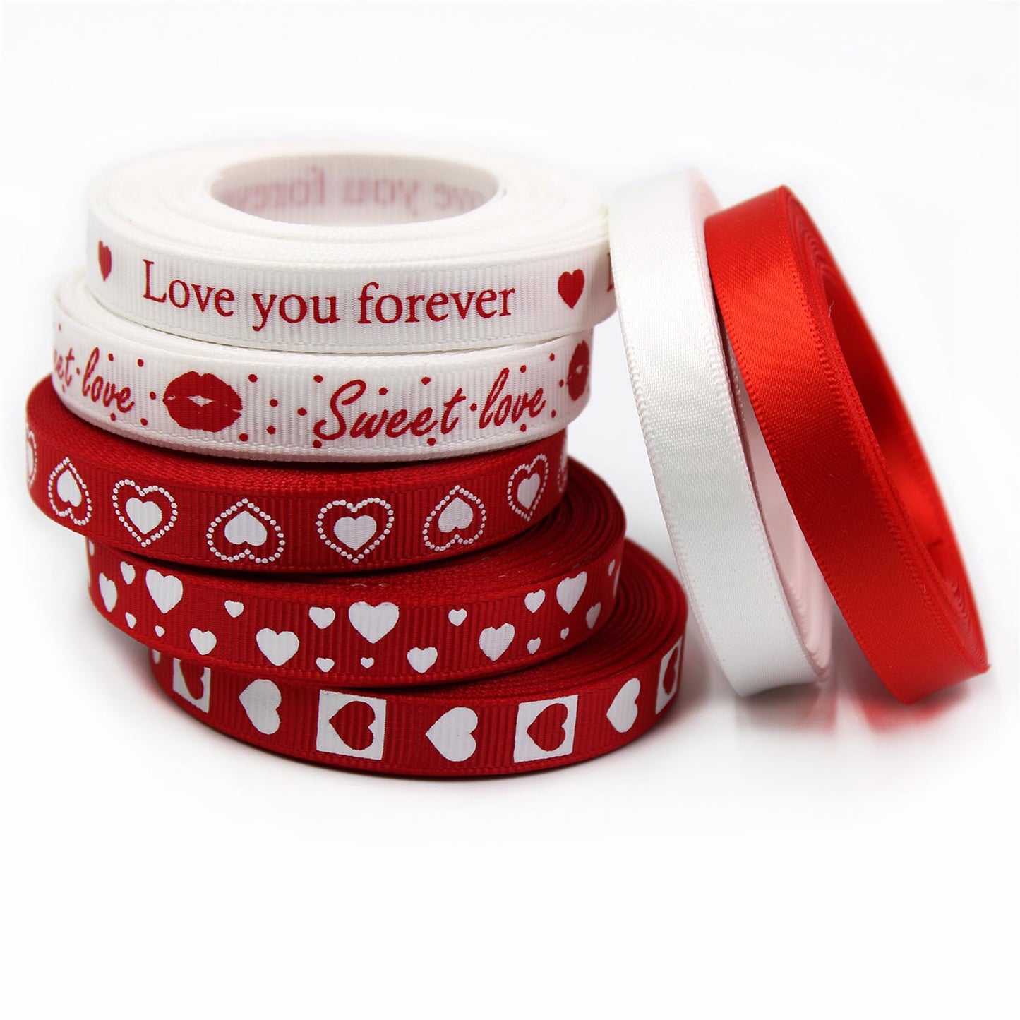 SCECALA 7 Rolls Red Ribbon (35 Yards Total) - Gold Foil Stamped Love You Forever Polyester Heart White Ribbon 0.63" for Gift Wrapping, Flower Bouquets, DIY Crafts, Party Decorations