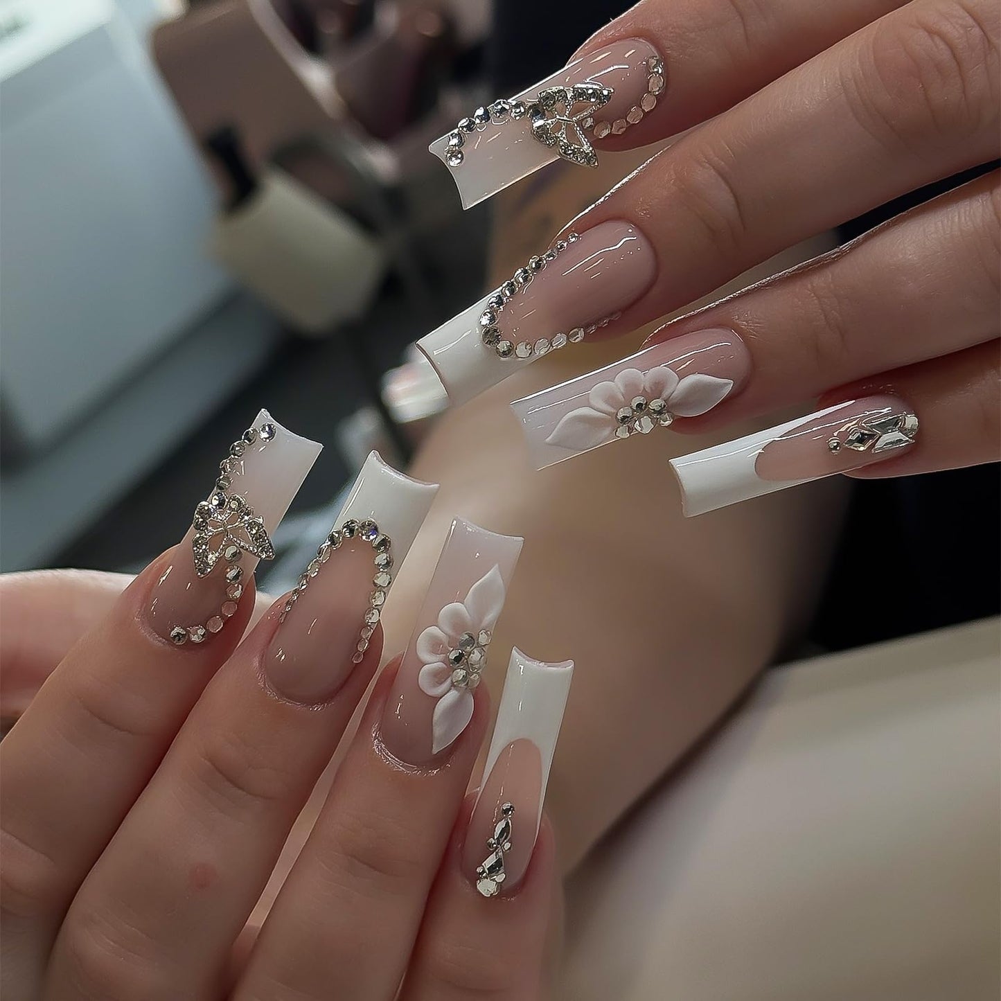 Handmade Press on Nails Long Square - Butterfly & Diamond Necklace Design Fake Nails, Luxury White French Tip False Nails with 3D Flower, 10 Pcs for Women (Size M)