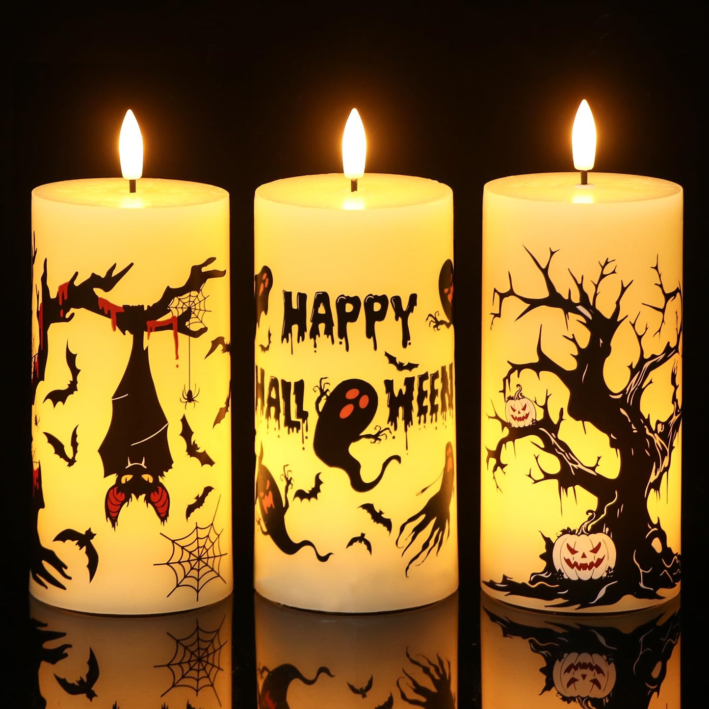 Lasumora Halloween Decorations Ghost Bat Flameless Halloween Candles with 6H Timer, Battery Operated LED Candles for Halloween Decor Indoor