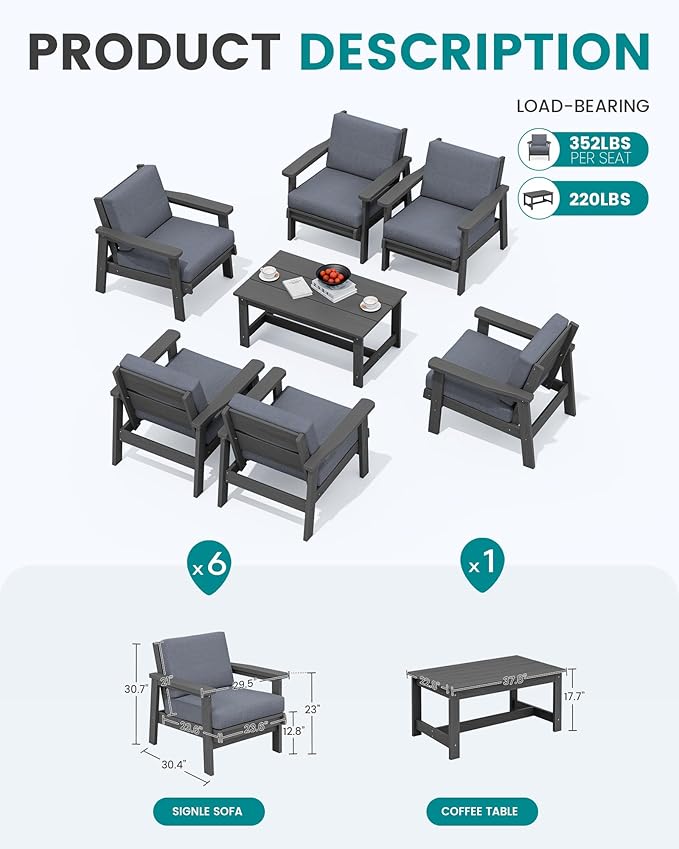 SERWALL HDPE Outdoor Furniture Set, 7 Piece All Weather Wood-Like Outdoor Sofa Sectional Couch, Grey Patio Furniture Set with Grey Cushions