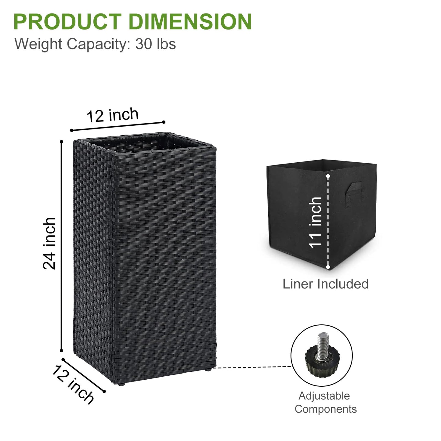 LEWIS&WAYNE Set of 2 Tall Planters for Outdoor Plants Handmade 24'' Wicker Tall Square Planter Box with Removable Liners Modern Planter for Indoor Outdoor Garden Patio Front Porch - Black