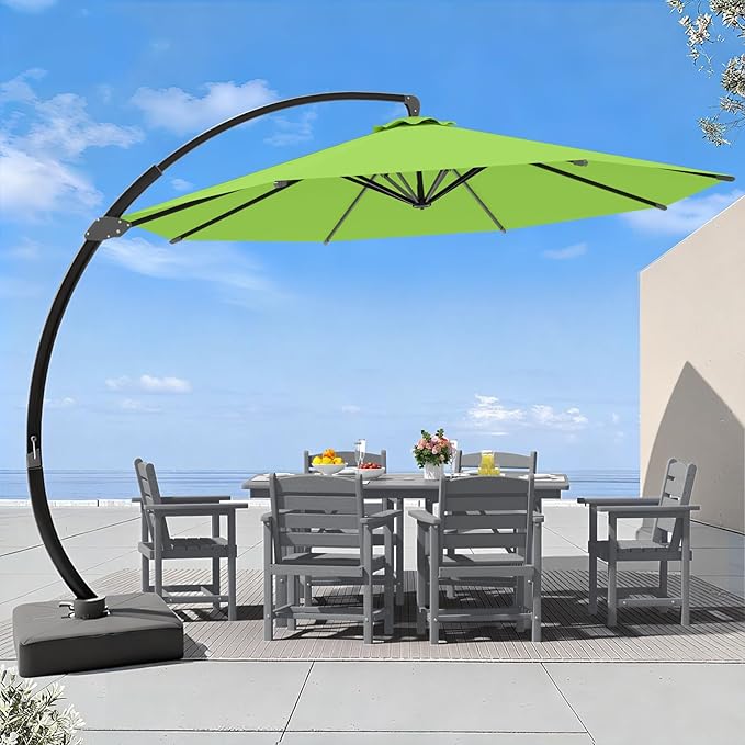 7 Piece Patio Dining Set with 11ft Patio Umbrella (Apple Green), 7 Gray Outdoor HDPE Dining Set with 6 Chairs + 1 Large Table, for Market, Pool, Garden, Backyard, Deck