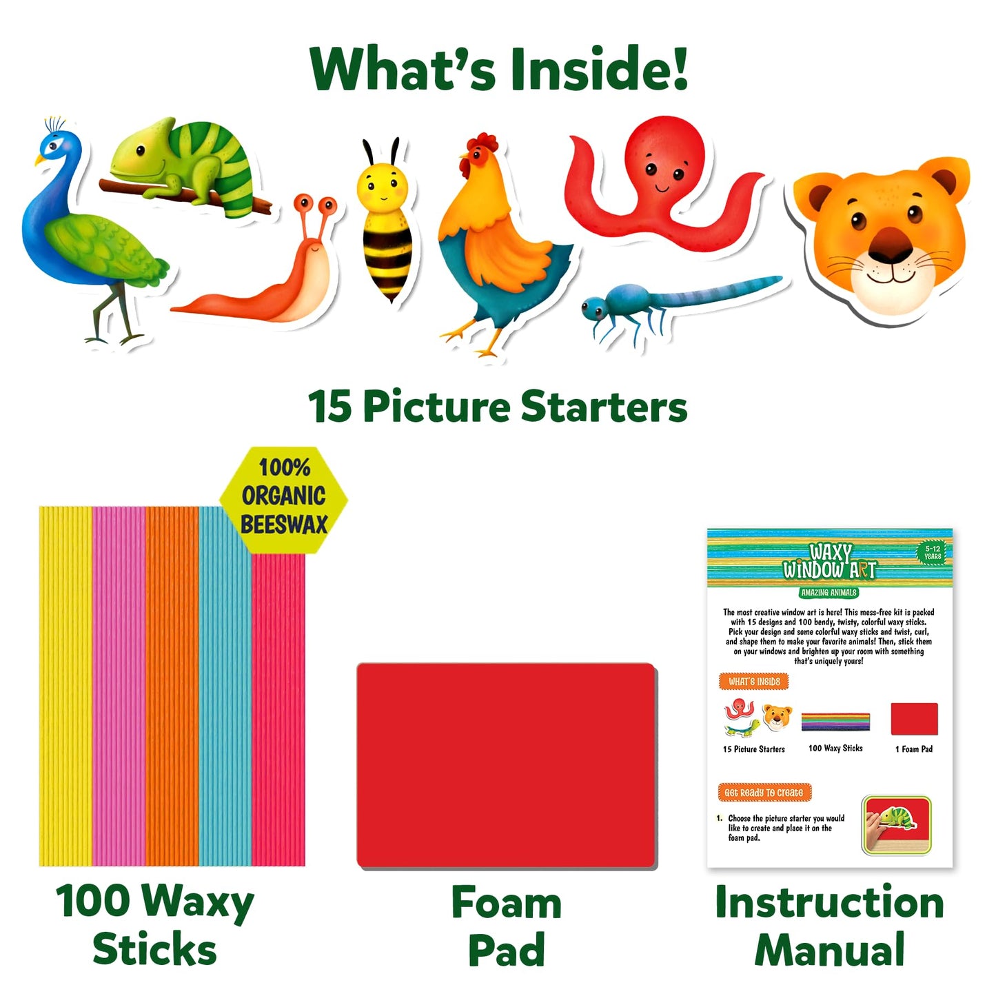 Skillmatics Waxy Window Art - 100 Bendable Waxy Sticks for Mess-Free DIY Fun, Reusable 100% Organic Beeswax Craft Kit, Travel Friendly, Creative Gifts for Girls & Boys Ages 5, 6, 7, 8, 9, 10, 11, 12