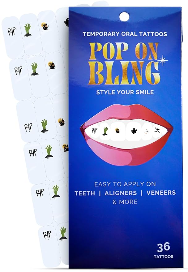 Halloween Tooth Bling Tattoo – Temporary Tooth Gem Kit for Teeth – Safe for Teens & Adults, Removable Fun Fake Tooth Tattoo Stickers for Halloween Costume, Party & Cosplay (Scary)