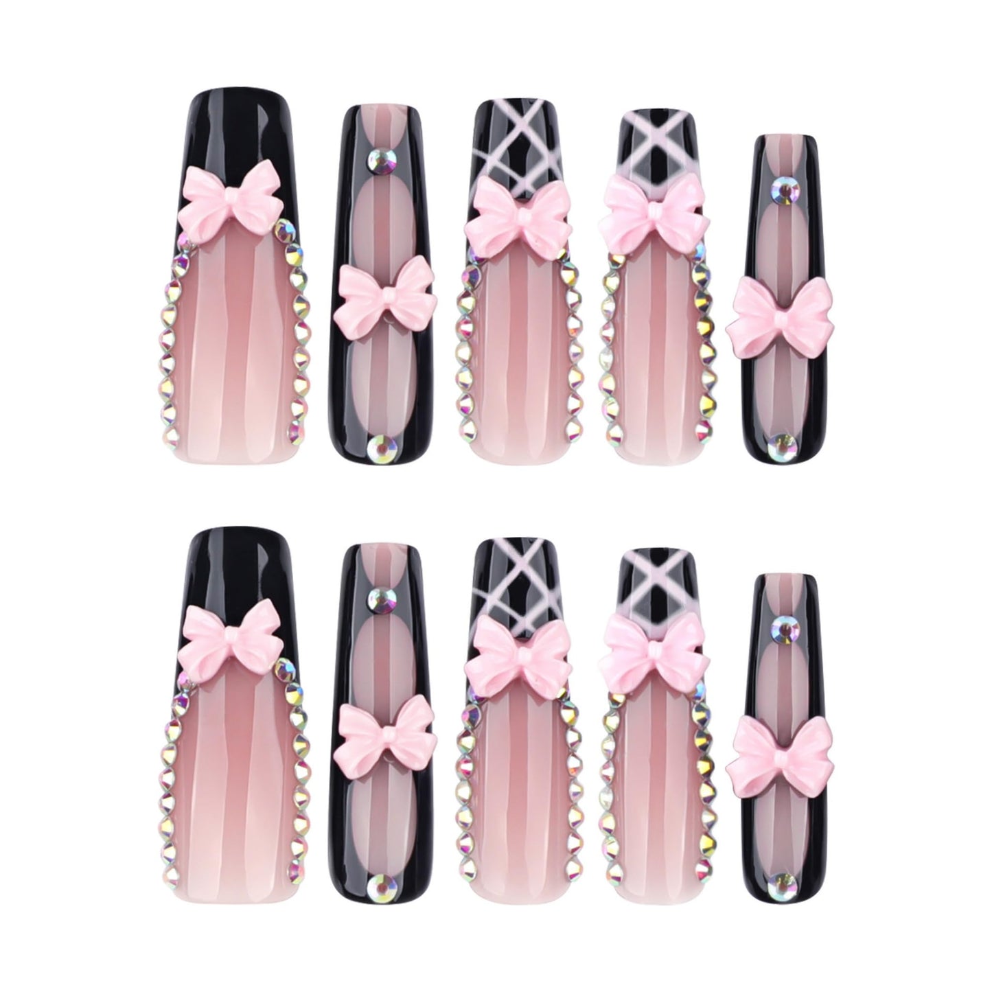 Long Press on Nails Square Fake Nails Black Acrylic Nail Press ons Seeneey Pink Bow Designs Sparkly Rhinestones Stick on Nail for Women 24pcs