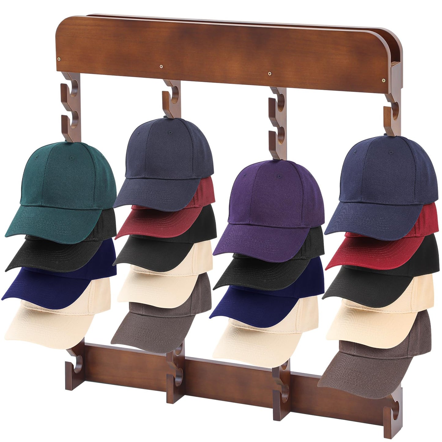Wonderjune Wooden Hat Racks for Baseball Caps,40 Slots,Four Times,Baseball Cap Display Racks Vertical Class for Hats,Hat Organizer Wood Cap Hanger for Bedroom,Living Room,Entryway,Brown