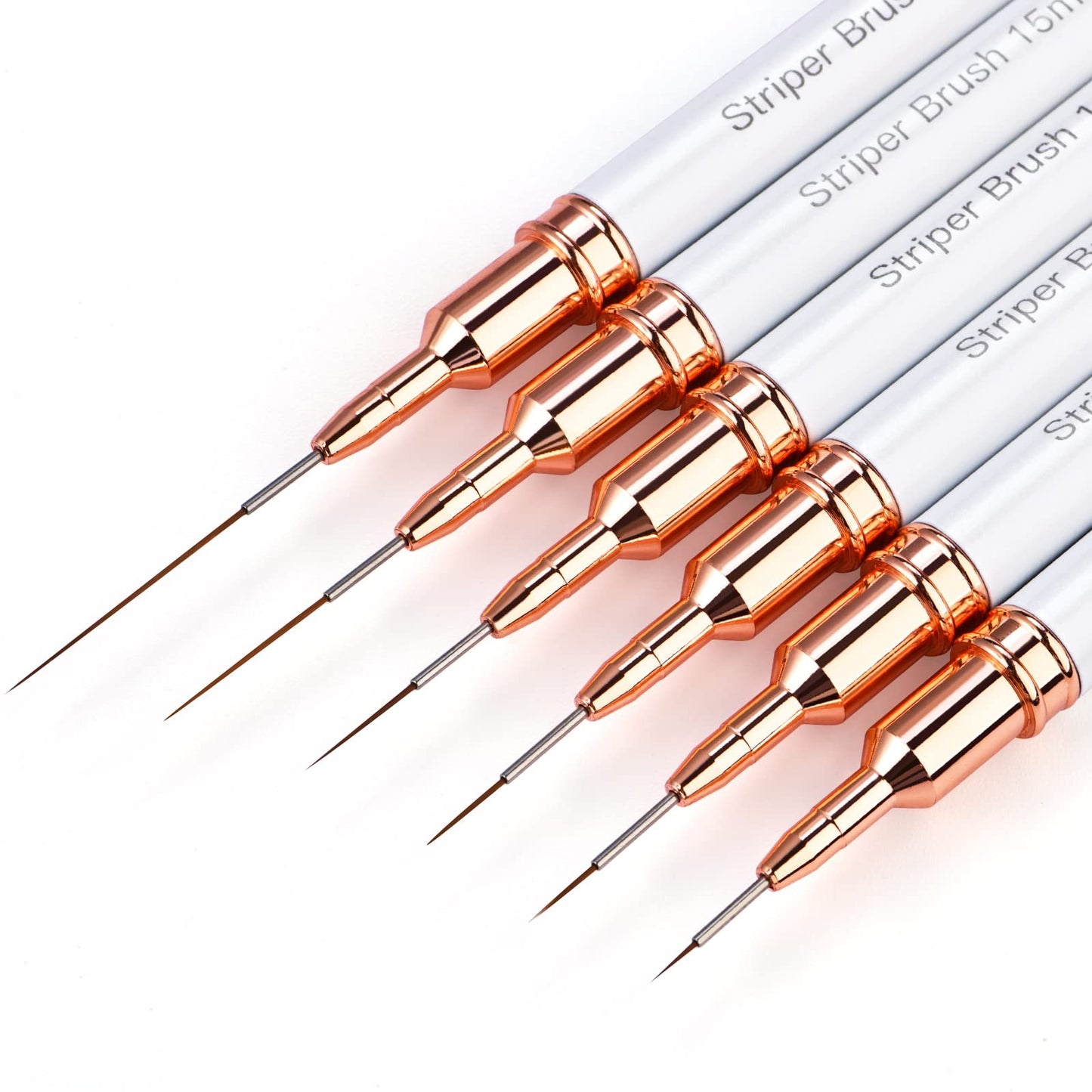 Yasterd 6pcs Striper Brush Set - Long Lines, Thin Details, Elongated Lines, White Metal Handle Nail Brushes for Nail Art - Sizes 5/7/9/11/15/25mm