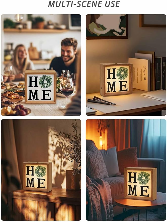 Wood Night Light Box 4.5x4.5in,Home Green Eucalyptus Leaves Garland Table Lights Wooden Picture Frame with USB Rechargeable Touch LED Lights for Home Decor Desktop Display,Retro Linen