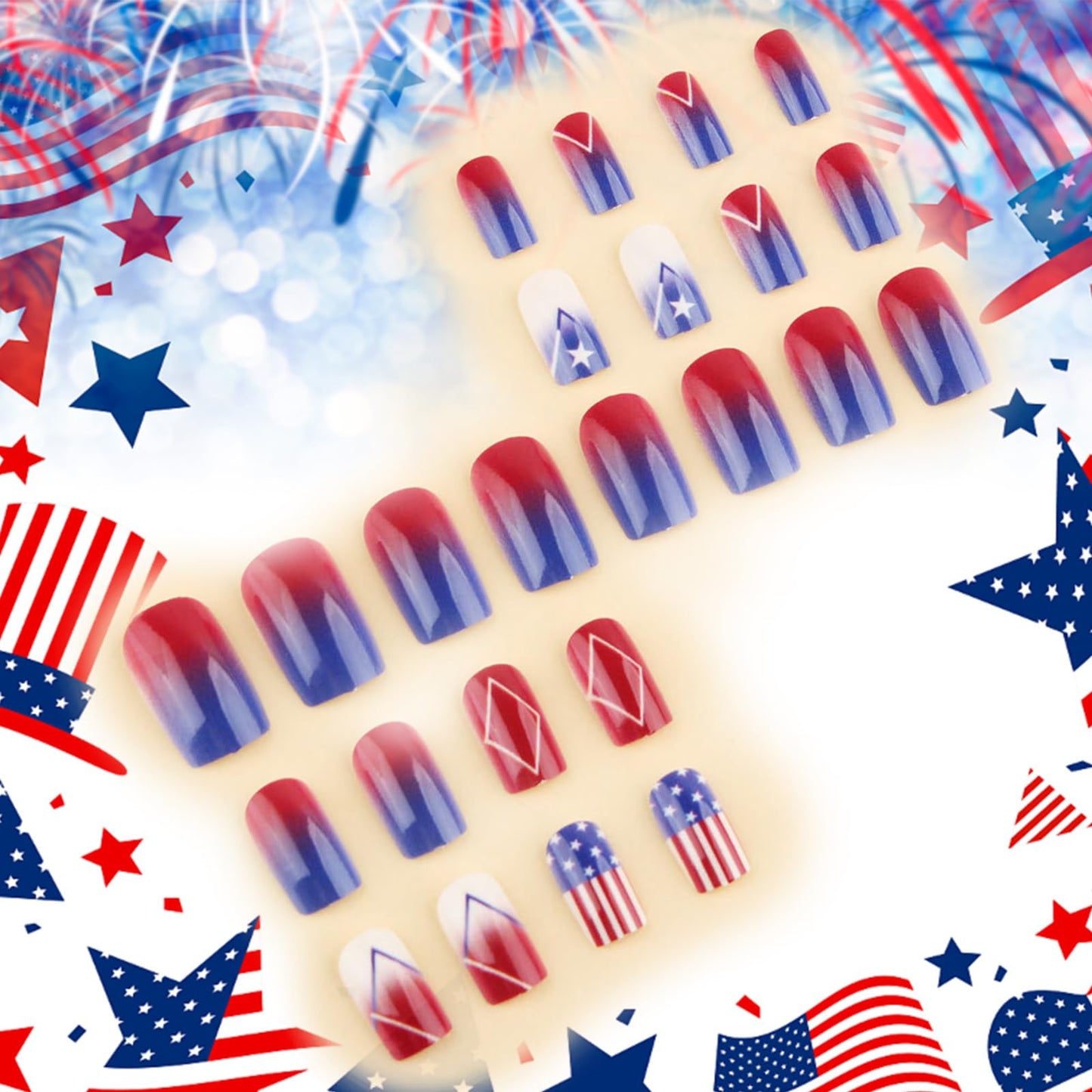 4th of July Press on Nails Glossy Blue Ombre Glue on Artificial Fingernails American Flag Fake Nails 24 Pcs Independence Day Acrylic False Nail HZJXRT Medium Square Stick on Nail for Women Gift