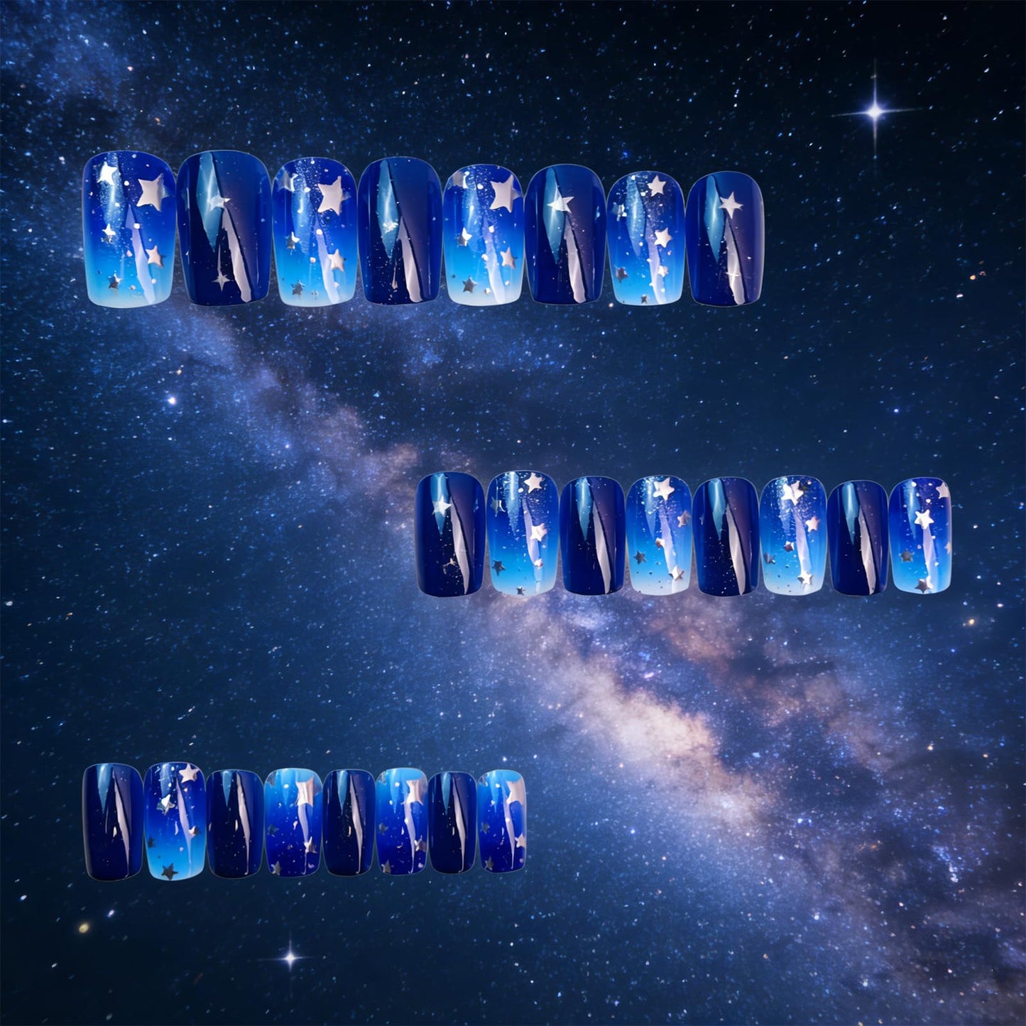 Star Press on Nails Medium Square Fake Nails Gradient Blue Acrylic Nails Press ons with Twinkle Stars Design Starry Sky Artificial Nail Reusable Stick on Nails for Women Manicure 24Pcs