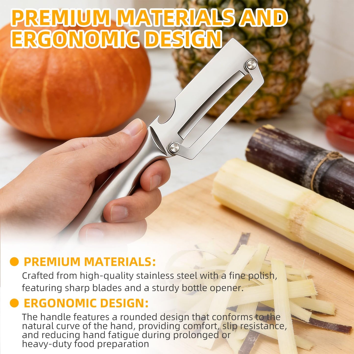 2-in-1 Multifunctional Vegetable Peeler for Kitchen, Heavy Duty Stainless Steel Blade with Wide Arc-Shaped Edge, Premium Fruit and Vegetable Peeler for Butternut Squash Pumpkin Pineapple Sugarcane