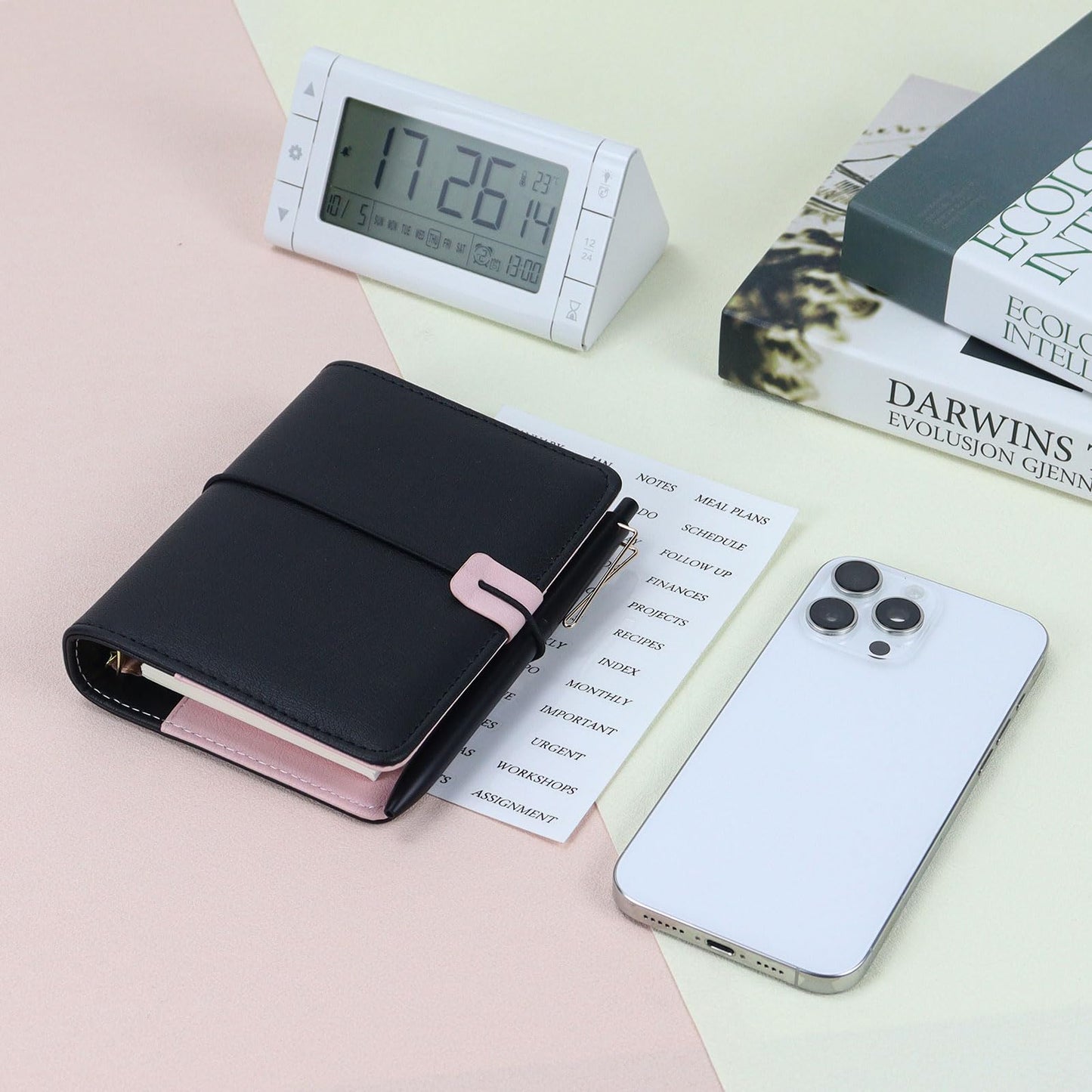 Koqye A7 Refillable Planner Small Binder Notebook 6 Ring, Portable PU Leather Organizer with Zippered Pocket, To-Do & Blank Refill Papers, Dividers, Monthly Sticker, Pen, for Students, Professionals, Travel (Black & Pink)