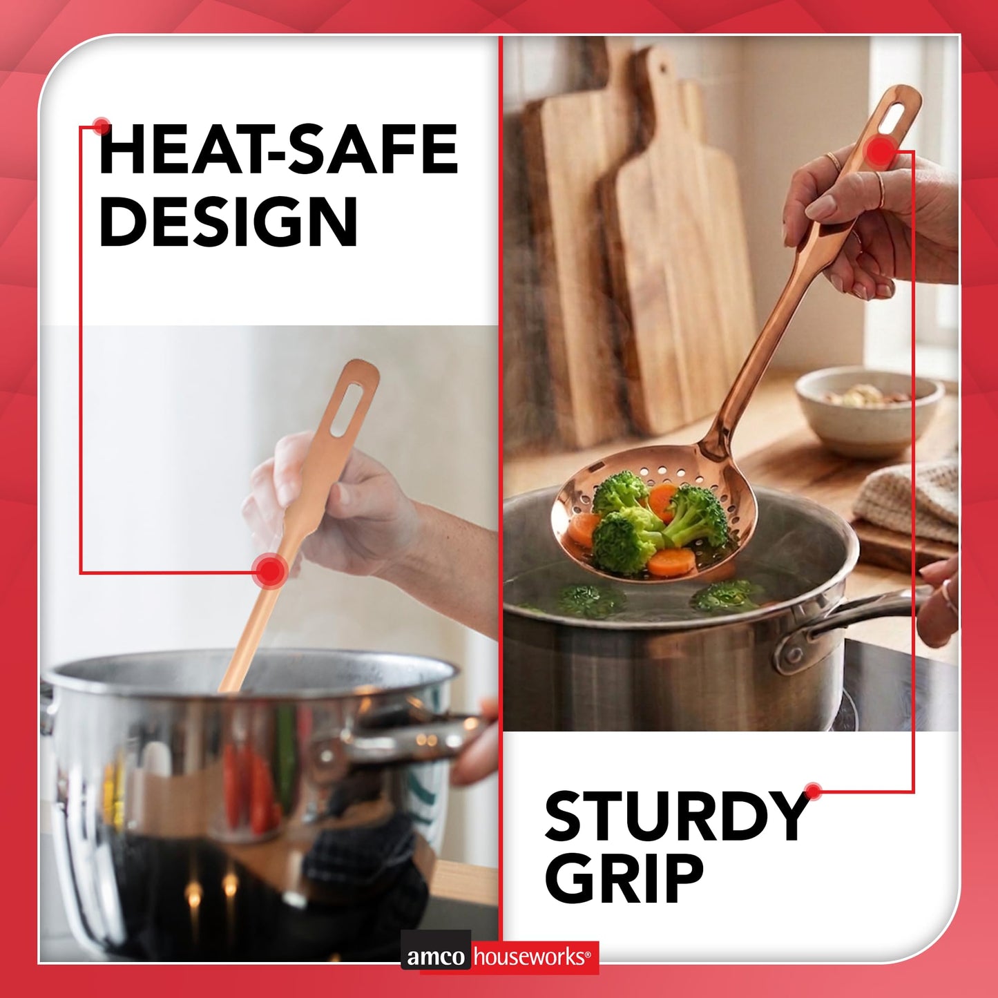 Amco 5-Piece Stainless Steel Cooking Utensil Set, Copper Finish - Includes Kitchen Ladle, Slotted Turner, Skimmer, Solid Spoons - 14" with Hanging Holes for Easy Storage, Durable Kitchen Gadgets