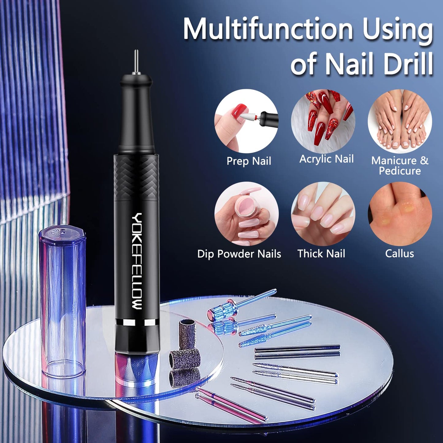 Yokefellow Nail Drill, Professional Portable 40000RPM Nail Drills Machine Electric Engraving Drill for Glass Black