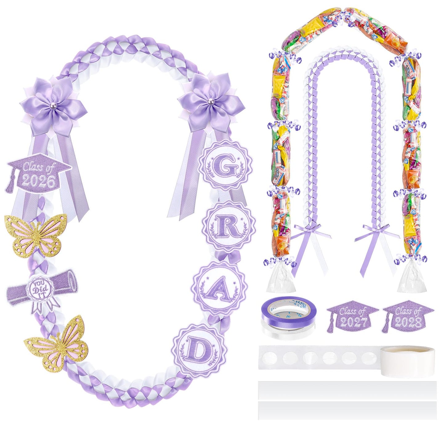 Spakon 19 Pcs Graduation Leis 2026 Graduation Candy Lei Kit Class of 2026 Ribbon Double Lei Necklace Party Accessories(Purple)