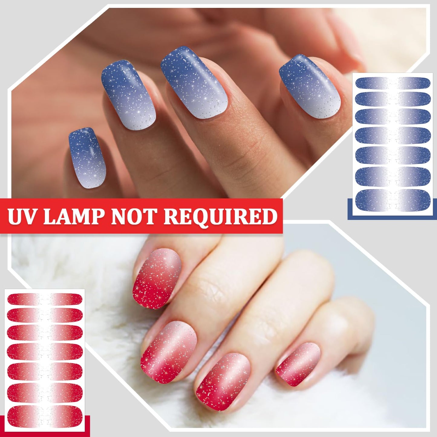 SILPECWEE 20 Sheets Glitter Nail Polish Stickers Full Nail Wraps for Women Gradient Color Adhesive Stick on Nail Polish Strips Gel Nail Strips Fingernail Manicure Design with Nail File