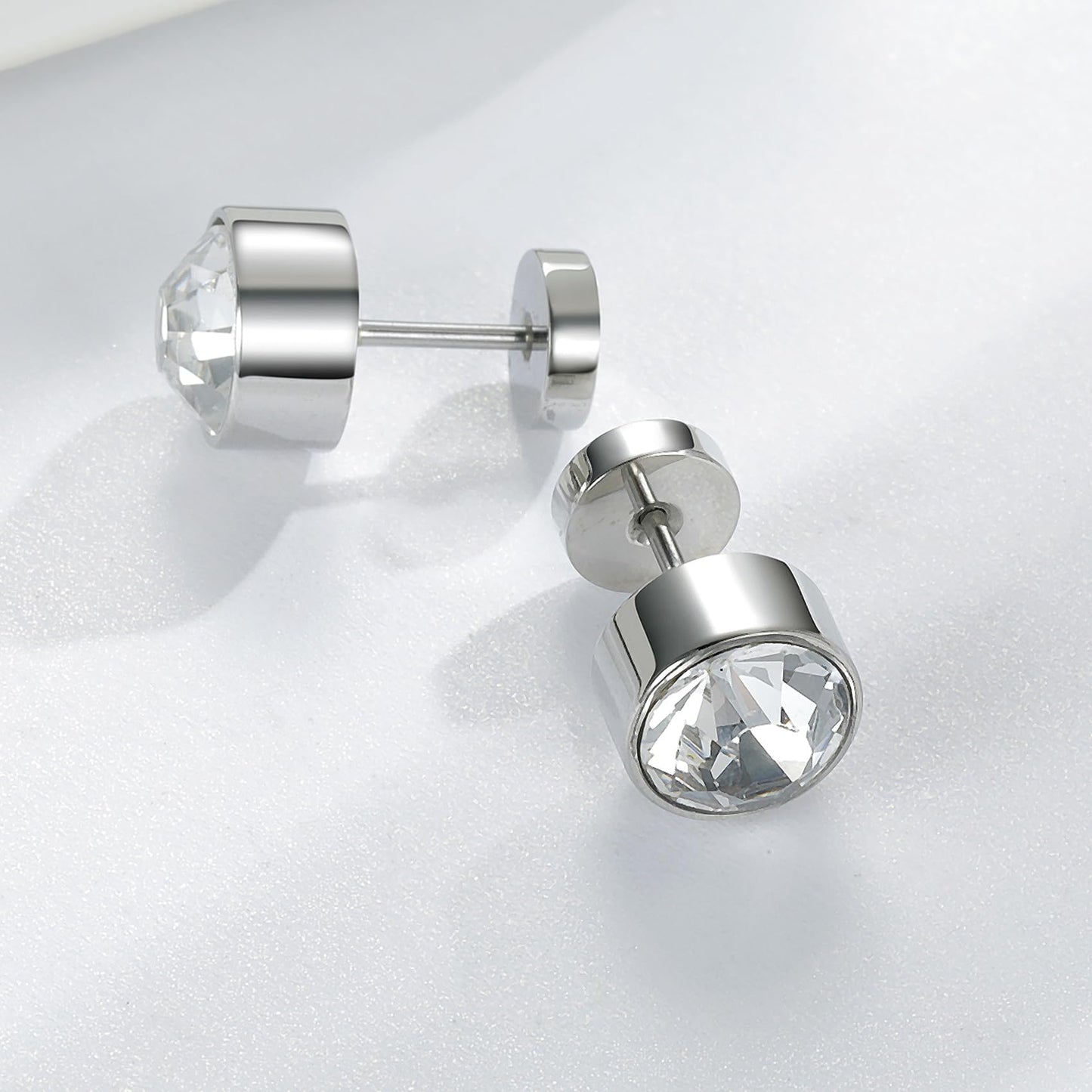 VOLUKA Titanium Earrings Screw Flat Back Earrings Studs Hypoallergenic for Sensitive Ears Cubic Zirconia Created Quartz Punk Dot Disc Barbell Stud Earrings-9mm CZ