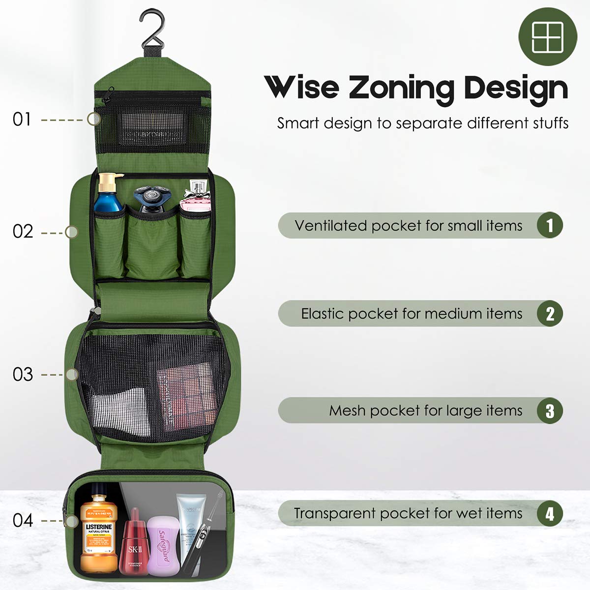 dopobo Travel Toiletry Bag, Dopp Kit Waterproof Makeup Bag Shaving Bag with Hanging Hook, Portable Toiletry Organizer for Traveling and Camping (Army Green)