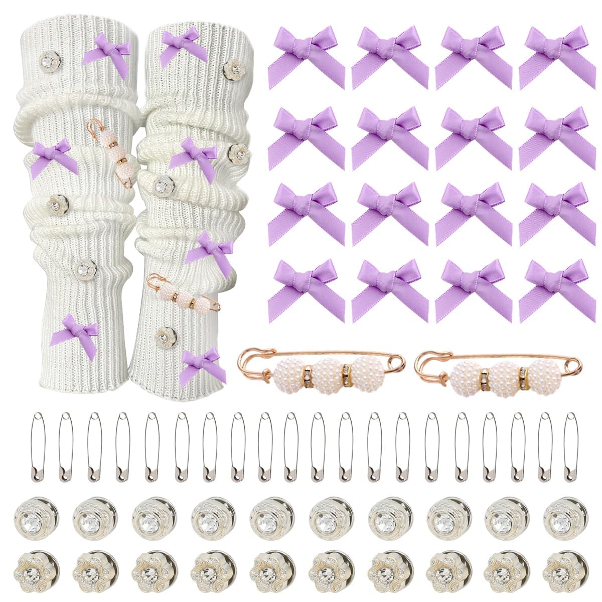62 Pcs Junk Socks Charms Kit Bow Rhinestone Sock Jewelry Charms DIY Brooch Pins Sock Charms for Women Sock Charms Pins Purple