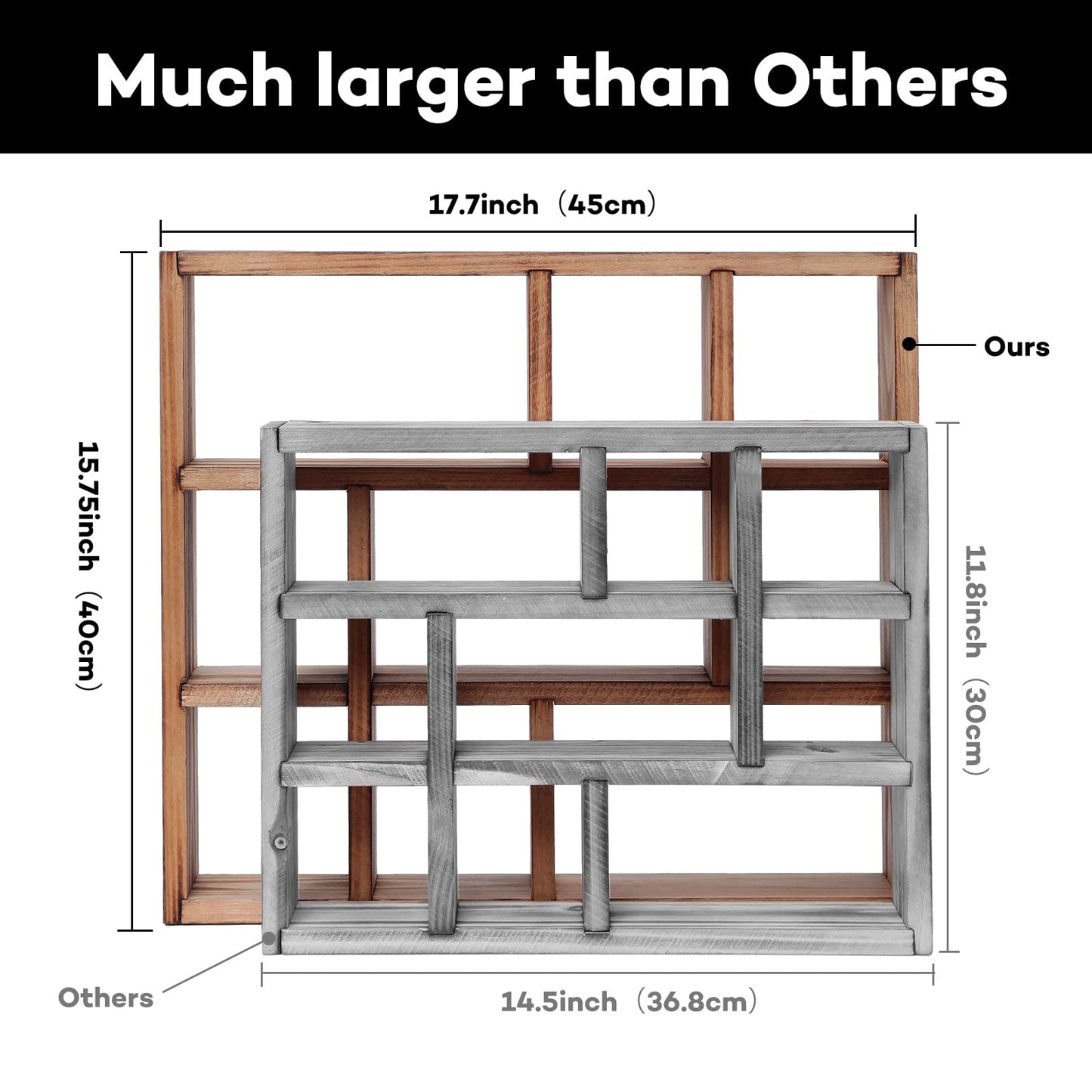 MITREL 17.7x15.7-Inch Shadow Box Display Shelf，6-Slot Rustic Floating Shelves，Larger Wood Trinket Shelf Freestanding Farmhouse Curio Shelf(6C-Rustic Walnut)