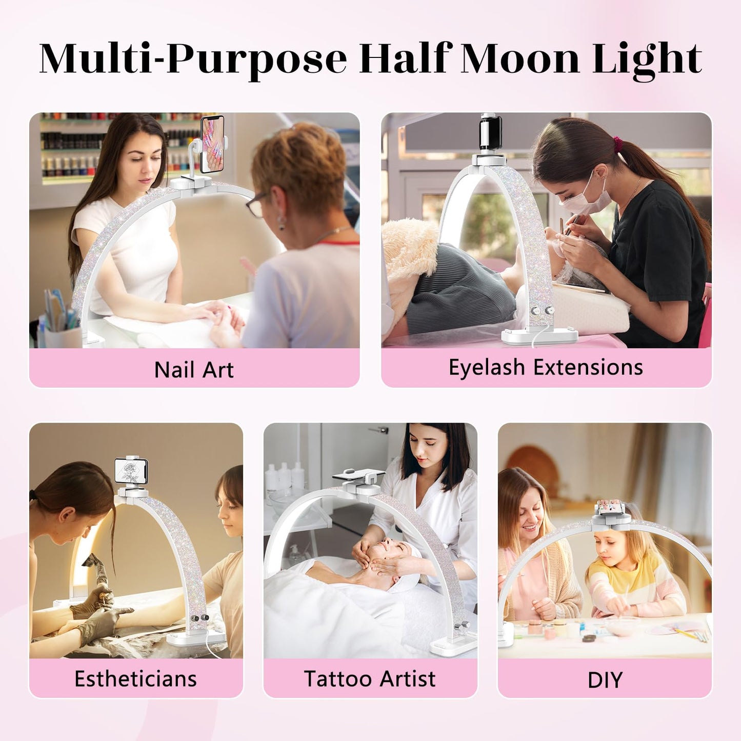 LIONVISON Half Moon Light for Nail Desk: 31-inch Manicure Table Light with Phone Holder for Beginner DIY - 48W Professional Half Moon Lamp for Nail Tech,Eyelash,Makeup,Tattoo