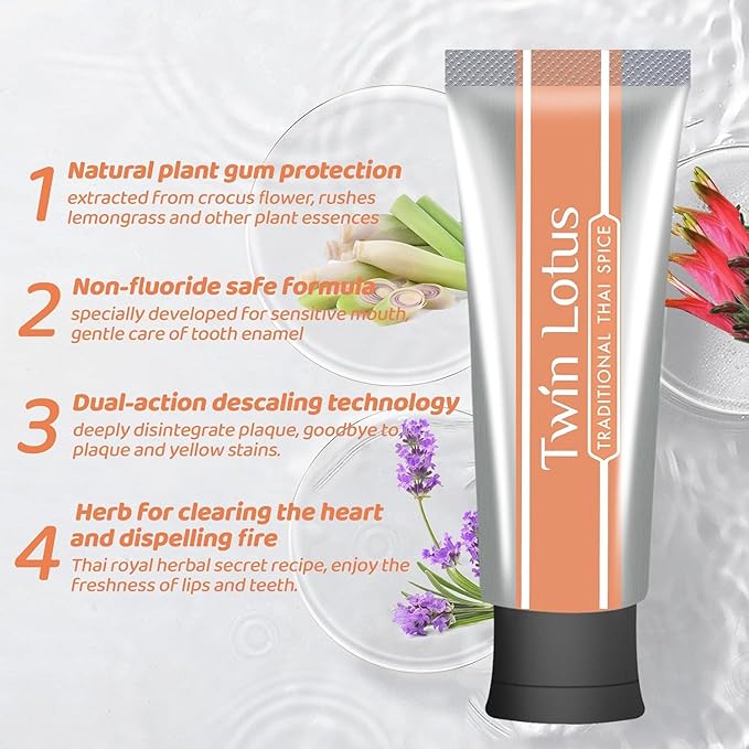 Twin Lotus Natural Herbal Thai Flavor Toothpaste, Fluoride Free,Non GMO,Nature Curcumin Clove Toothpaste,Improve Oral Health Remove Tartar,3.52oz 3 PKs