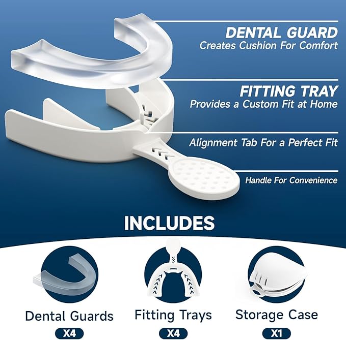 4 Pack Upgraded Night Guards for Teeth Grinding and Clenching, Standard Size, Professional Mouth Guard with Fitting Tray for Adults & Teens, Comfortable Solution for Clenching
