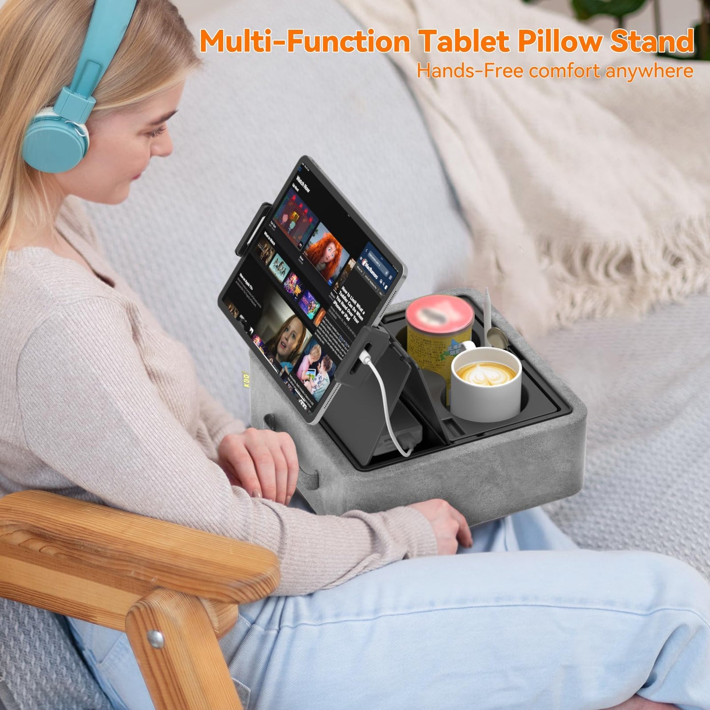 KDD Tablet Pillow Stand, Adjustable iPad Holder for Bed, Lap and Desk with Two Cup Holder and Storage Tray, 360°Rotating Clip Soft Dock Compatible with iPad Pro 12.9, Air, Mini, Phone and E-Reader