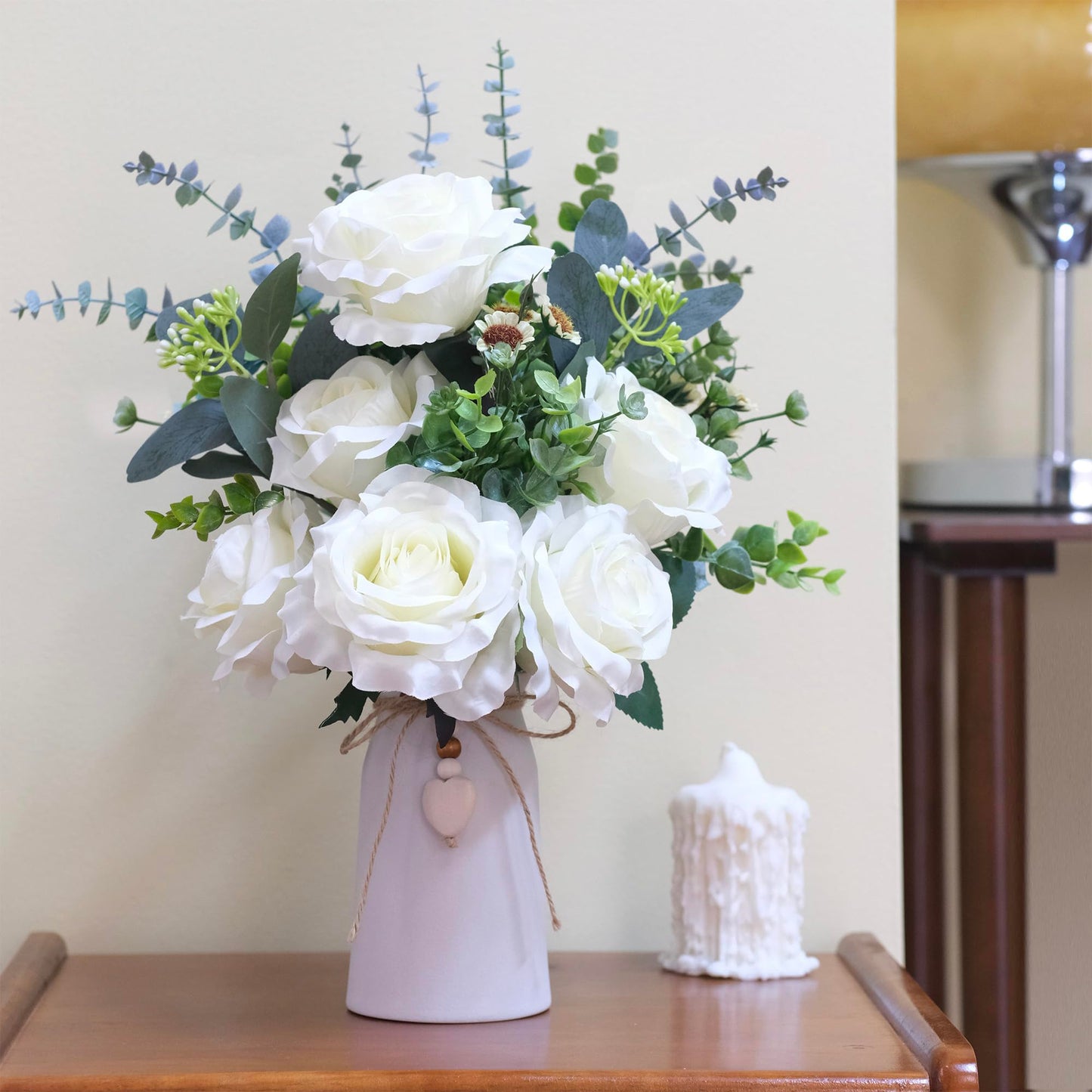 Artificial Rose Flower Arrangement in 6'' White Ceramic Vase with Heart Charm Décor, Flower Arrangement with Eucalyptus Stems and Greenery, Rustic Farmhouse Table Centerpiece, 14"H x 9’’W