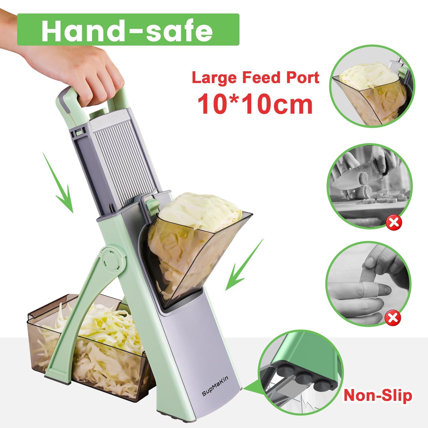 Upgrade Safe Mandoline Slicer for Kitchen, SupMaKin Bigger Entrance Vegetable Food Slice Potato Slicer Chopper, Adjustable Thickness Multi Mandolin, Julienne + Dicer Kitchen Must Haves Green