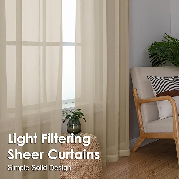 OVZME Taupe Sheer Curtains 54 Inches Long 2 Panels - Soft Light Filtering Window Sheer Panels for Living Room/Bedroom, Top Dual Rod Pocket, 1 Pair, Each 42Wx54L Inches